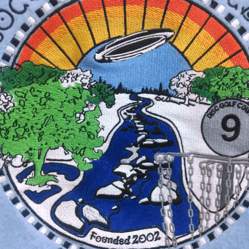 embroidery rock river disc golf logo close up