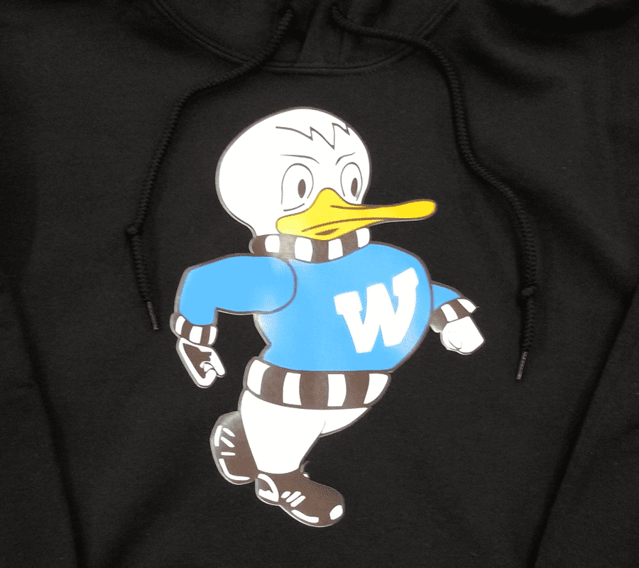 A close up of the duck mascot on a hoodie