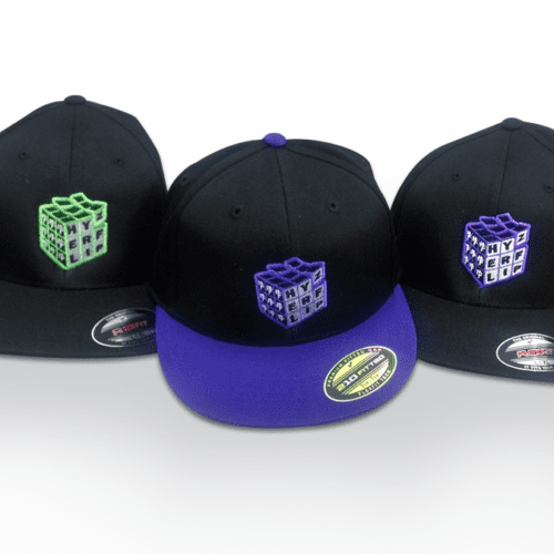 A group of three hats with the same logo.